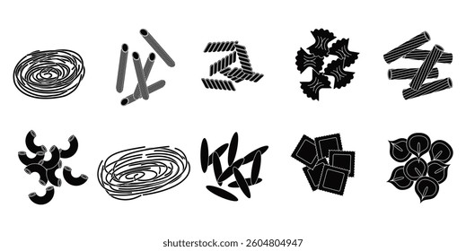 Pasta shapes silhouette vector set illustration