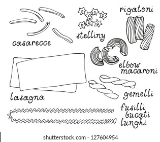 Pasta shapes vector set isolated on a white background