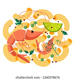 Pasta with shrimp. Vector illustration in cartoon style.