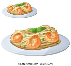 Pasta with shrimps. Cartoon vector icon isolated on white background. Series of food and drink and ingredients for cooking.