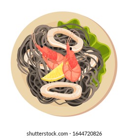 Pasta with Sliced Squid and Shrimps Top View Vector Illustration