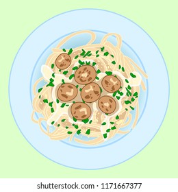 Pasta with spagetti, meatballs and herbs, vector illustration
