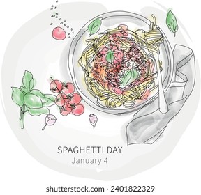 Bolonia de pasta spaghetti con salsa de ternera, tomates, queso parmesano y albahaca fresca en un plato, Día del Espagueti del 4 de enero, ilustración vectorial