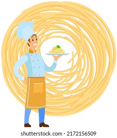Pasta spaghetti cooking male chef cook. Kitchener prepares pasta, presents on plate. Chef cooking dish of Italian cuisine. Restaurant service, breakfast or dinner meal. Design for restaurant menu