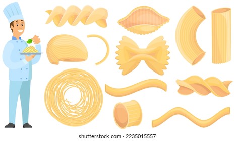 Pasta spaghetti cooking male chef cook. Kitchener prepares pasta, presents on plate. Chef cooking dish of Italian cuisine. Restaurant service, breakfast or dinner meal. Design for restaurant menu