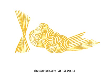 Pasta, spaghetti crayon illustration. Macaroni set, tagliatelle vector texture sign isolated on white backdrop. Art abstract lanes, curvy illustration. Traditional Italian, Chinese of Japan food