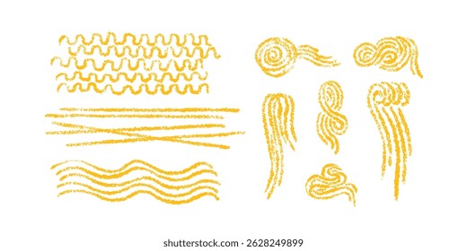 Pasta, spaghetti crayon sign. Macaroni chalk set, tagliatelle yellow texture print. Wavy abstract lanes, curvy art illustration. Traditional Italian, Chinese of Japan food. Kitchen decor. Art vector