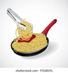 Pasta spaghetti in the frying pan with frying pan. Vector illustration