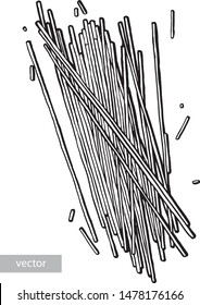 Pasta. Spaghetti. Ink hand drawing. Black and white. Food, vegetables and fruit isolated on white background. Book illustration, recipe, menu, magazine or journal article.