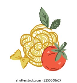 Nudeln oder Spaghetti-Nest mit Basilikum und Tomate, handgezeichnet, flache Vektorgrafik auf weißem Hintergrund. Design für italienische Küche und Pasta Verpackung, Menü und Drucke.