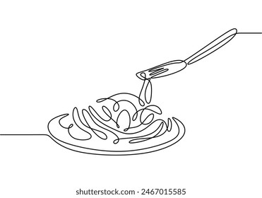 pasta spaghetti fideo con tenedor en una línea de estilo continuo aislado sobre fondo blanco. menú café y Ilustración vectorial de concepto de restaurante.