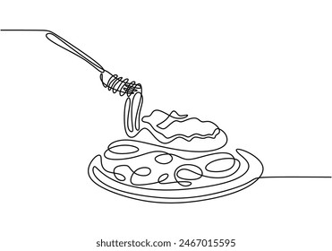 pasta spaghetti fideo con tenedor en una línea de estilo continuo aislado sobre fondo blanco. menú café y Ilustración vectorial de concepto de restaurante.