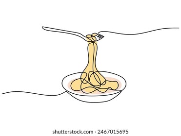 pasta spaghetti fideo con tenedor en una línea de estilo continuo aislado sobre fondo blanco. menú café y Ilustración vectorial de concepto de restaurante.