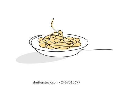 pasta spaghetti noodle en plato en un estilo continuo de una sola línea aislado sobre fondo blanco. menú café y Ilustración vectorial de concepto de restaurante.