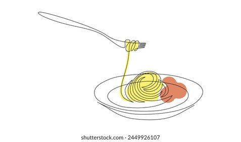 Pasta und Spaghetti in einer durchgehenden Strichzeichnung. Italien Nudel auf Teller mit Gabel für Banner und Essenslieferservice im schlichten linearen Stil. Bearbeitbarer Strich. Doodle-Outline-Vektorillustration