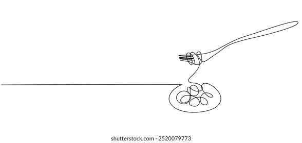 Pasta and spaghetti in One Continuous line drawing. Italy noodle on plate with fork for web banner and food delivery service in simple linear style. Editable stroke. Doodle Vector illustration