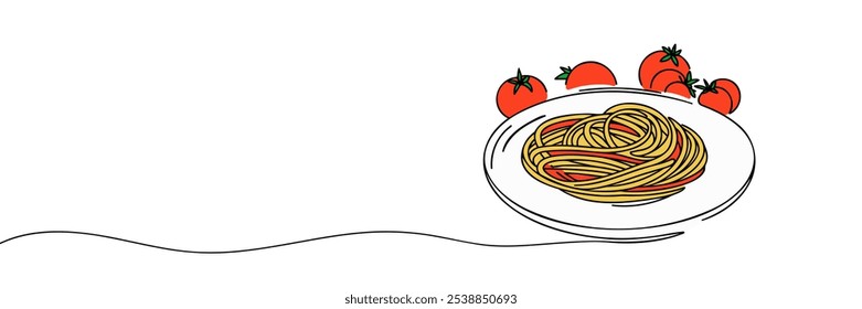 Massa e espaguete em um desenho de linha contínua. Itália macarrão em placa para banner web e serviço de entrega de alimentos em estilo linear simples. Ilustração de Vetor Doodle