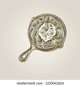 Pasta spaghetti with sauce in a cooking pan Sketch Symbol isolated on old paper background. Vector of Spaghetti In Vintage Style. Hand drawn Italian food sketch elements