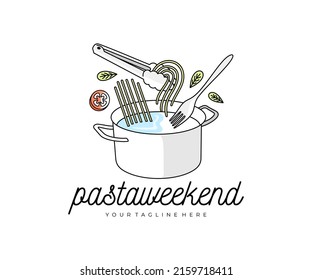 Pasta y spaghetti, saucepan, tongos y tenedor, diseño de logo. Comida, comida, verduras, restaurante y restauración, diseño vectorial e ilustración