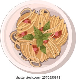 Pasta spaghetti with tomatoes, basil and pepper on a plate. Vector illustration without background