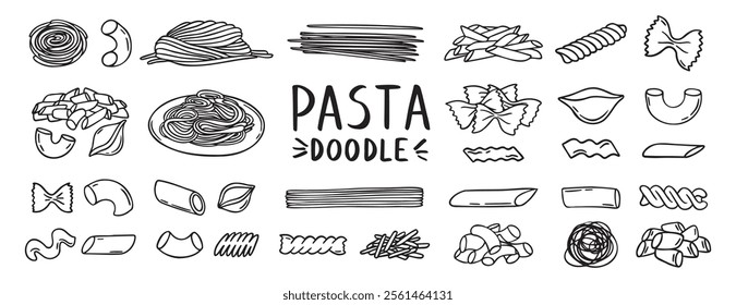 Pasta, spaghetti, vermicelli, macaroni feathers, horns, shells, butterflies doodle hand drawn icon set. Outline drawing wheat dough food line clipart symbol collection. Vector illustration