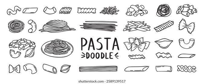 Pasta, spaghetti, vermicelli, macaroni feathers, horns, shells, butterflies doodle hand drawn icon set. Outline drawing wheat dough food line clipart symbol collection. Vector illustration