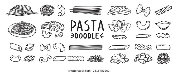 Pasta, spaghetti, vermicelli, macaroni feathers, horns, shells, butterflies doodle hand drawn icon set. Outline drawing wheat dough food line clipart symbol collection. Vector illustration