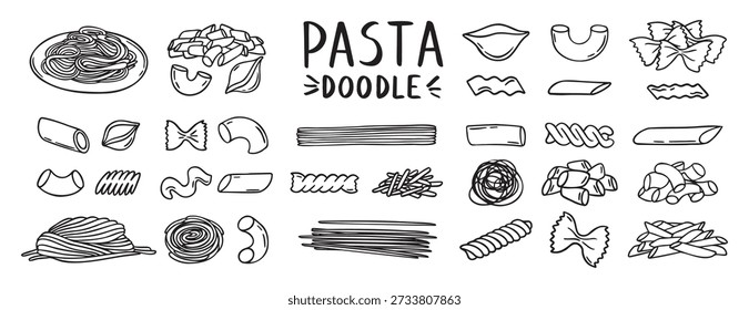 Macarrão, espaguete, vermicelli, penas de macarrão, chifres, conchas, borboletas rabiscos desenhados à mão conjunto de ícones. Esboço de desenho de massa de trigo linha de alimentos clipart coleção de símbolos. Ilustração vetorial
