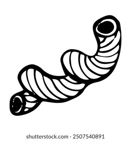 Pasta Spiralen handgezeichnete Doodle. Makkaroni-Röhrchen, Locken, Hörner. Celentani, Rigatoni, Treccine. Lebensmittel aus Weizenteig. Nahrungsmittel. Beilage. Lebensmittelgeschäft. Illustration der Vektorskizzenstraße.