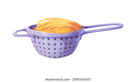 Pasta strainer with spaghetti for water draining and cooking process, vector icon. Colander or cullender and sieve or strainer for pasta, kitchen utensil or appliance for food preparation