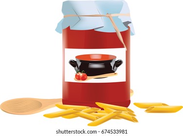 Pasta stuffed pens with jar of tomato extract