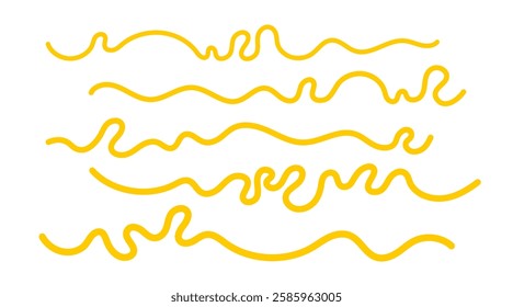 Pasta, tagliatelle or macaroni. Curls abstract scribble. Long wool, cotton thread. Wavy yellow lines on transparent background. Doodle vector dividers set. Chinese noodle or ramen. Editable stroke