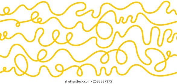 Pasta, tagliatelle or macaroni seamless pattern. Wavy yellow lines on white background. Chinese abstract noodle or ramen texture. Curvy spaghetti print. Vector wallpaper. Children scribbles, letter