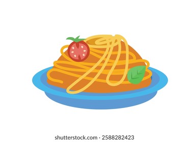 Pasta with tomato and basil on plate. Food and traditional cuisine, Italy. Symbols and isolated vector illustration on white background. 