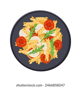 Pasta. Tomato, Mozzarella, Green arugula Recipe. Fusilli pasta, Spiral pasta in flat style isolated on white background. Dish on Plate, top view. Design for menu cafe, cooking class, recipe, cookbook