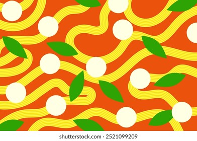 Pasta con patrón de tomate. Espaguetis, mozzarella y albahaca. Decoración temática de alimentos y fondo de recetas. Concepto de comida tradicional italiana. Creativo culinario, arte culinario, Ilustración vectorial de decoración de cocina.