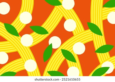 Pasta con patrón de tomate. Espaguetis, mozzarella y albahaca. Decoración temática de alimentos y fondo de recetas. Concepto de comida tradicional italiana. Creativo culinario, arte culinario, Ilustración vectorial de decoración de cocina.