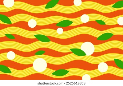 Pasta con patrón de tomate. Espaguetis, mozzarella y albahaca. Decoración temática de alimentos y fondo de recetas. Concepto de comida tradicional italiana. Creativo culinario, arte culinario, Ilustración vectorial de decoración de cocina.