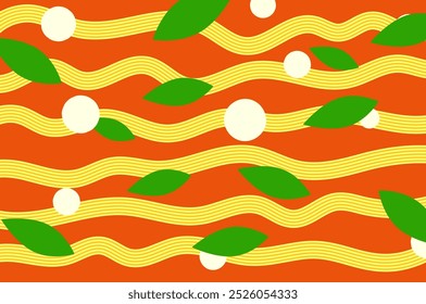 Pasta con patrón de tomate. Espaguetis, mozzarella y albahaca. Decoración temática de alimentos y fondo de recetas. Concepto de comida tradicional italiana. Creativo culinario, arte culinario, Ilustración vectorial de decoración de cocina.