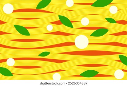 Pasta con patrón de tomate. Espaguetis, mozzarella y albahaca. Decoración temática de alimentos y fondo de recetas. Concepto de comida tradicional italiana. Creativo culinario, arte culinario, Ilustración vectorial de decoración de cocina.