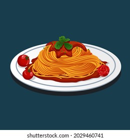 Pasta with tomato sauce and basil as a haute cuisine. Isolated on a white background. Vector illustration