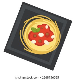 Pasta with tomato sauce and basil leaf. Delicious traditional italian cuisine, spaghetti with parmesan flavor. Nutrition and dieting, restaurant menu and diner assortment. Vector in flat style