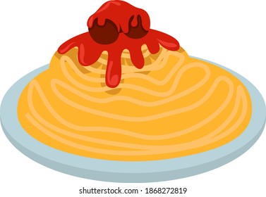 Pasta con salsa de tomate, ilustración, vector sobre fondo blanco.