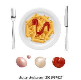 Pasta with tomato sauce. Italian cuisine dish, isolated white plate and stationery. Realistic diverse sauces drops vector set