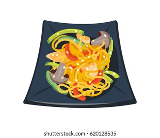 Pasta tomato sauce with mushrooms tomatoes decorated with parsley bowl isolated breakfast healthy food hot delicious cuisine vector illustration.