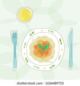 Pasta with tomato sauce on plate with drink and cutlery. Hand drawn vector design graphic. Healthy meal, dinner or lunch, view from above. Vegetarian or vegan food.