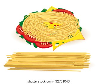 Pasta with tomatoes, cheese and lettuce