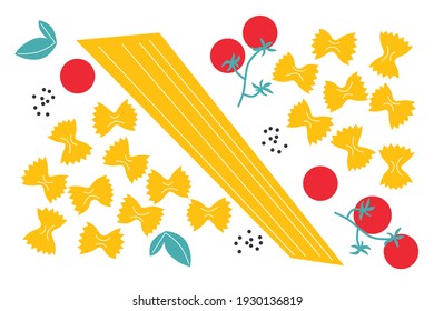 Pasta and tomatoes flat vector illustration. Can be use for restaurants menu, cover, packaging. Italian ingredients food clip art. Noodles and vegetables.