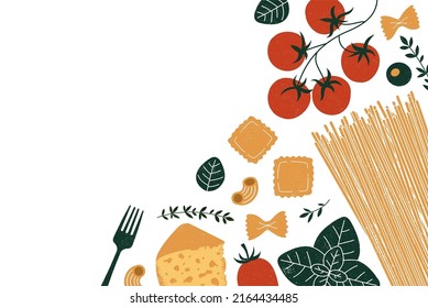 Pasta and tomatoes with garlic and basil. Textured illustration. Italian food horizontal background.