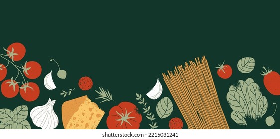 Pasta and tomatoes with garlic and basil. Textured illustration on a dark background. Italian food horizontal banner.